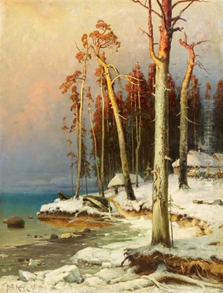 Fischerdorf Am Peipussee. Winterabend Oil Painting by Yuliy Yulevich (Julius) Klever