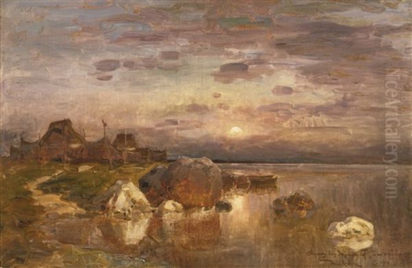 Sunset Over A Lake Oil Painting by Yuliy Yulevich (Julius) Klever