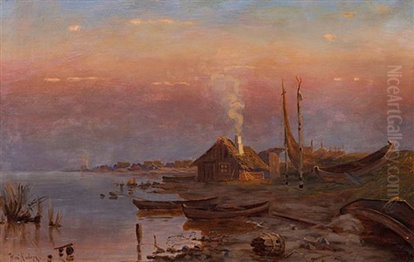 Sunrise At The Lake Oil Painting by Yuliy Yulevich (Julius) Klever