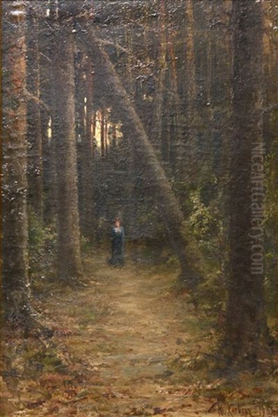 Figure In A Wooded Landscape Oil Painting by Yuliy Yulevich (Julius) Klever