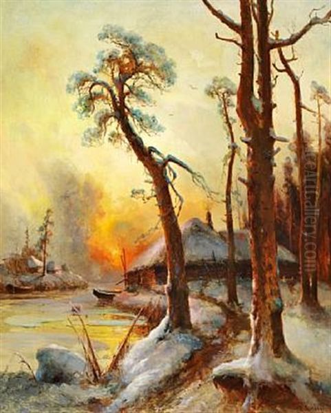 Russian Winter Landscape At Sunset With A Hut By A River Oil Painting by Yuliy Yulevich (Julius) Klever