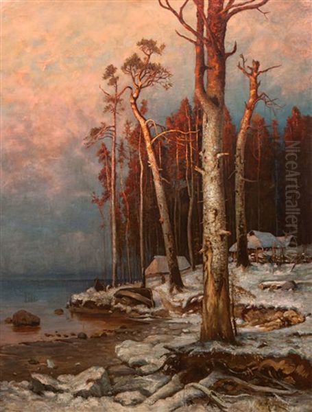 Winter On Lake Peipus Oil Painting by Yuliy Yulevich (Julius) Klever