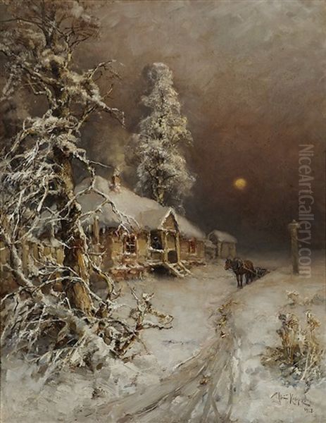 Horseman In A Sleeping Village Oil Painting by Yuliy Yulevich (Julius) Klever