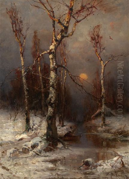 Sunset In A Winter Forest Oil Painting by Yuliy Yulevich (Julius) Klever