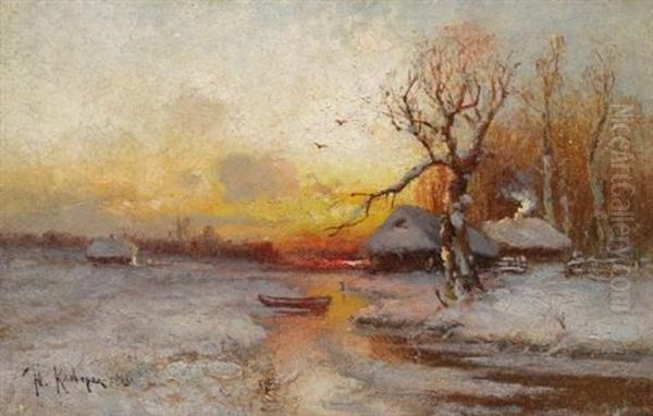 Winter Sunset Oil Painting by Yuliy Yulevich (Julius) Klever