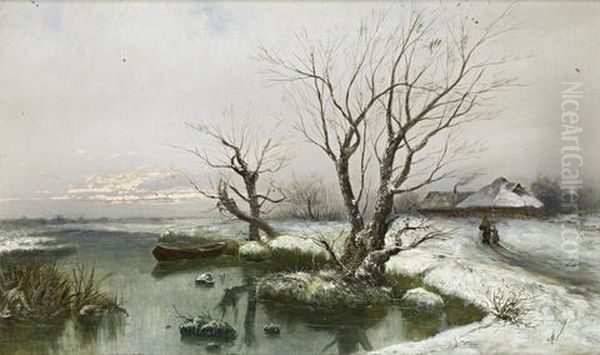 The Snowy Banks Of The River (collab. W/studio) Oil Painting by Yuliy Yulevich (Julius) Klever