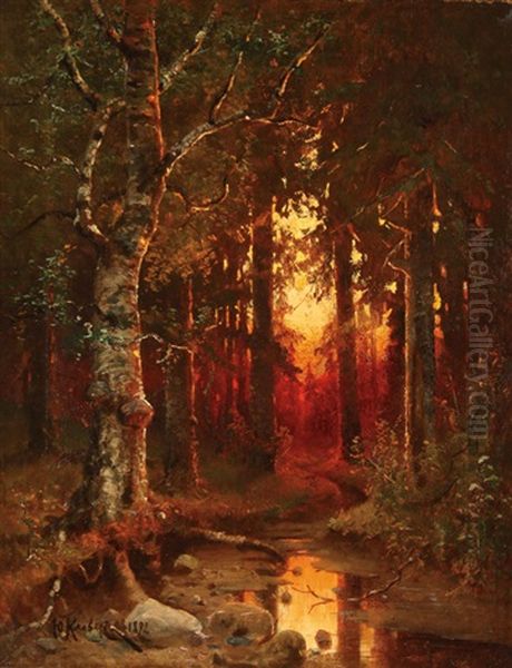 Wooded Landscape At Dusk Oil Painting by Yuliy Yulevich (Julius) Klever