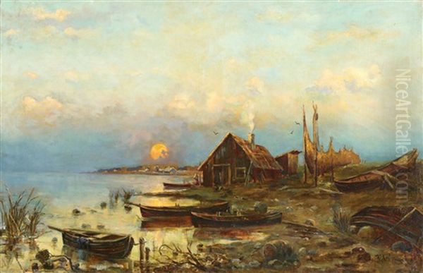 Fishermen Village Oil Painting by Yuliy Yulevich (Julius) Klever