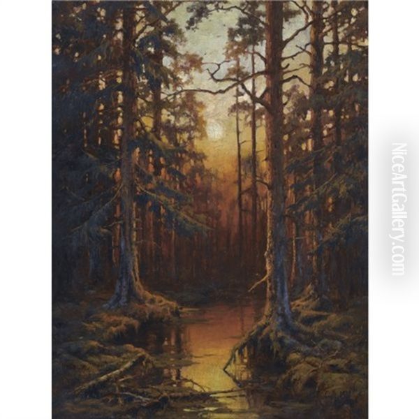 Forest Sunset Oil Painting by Yuliy Yulevich (Julius) Klever