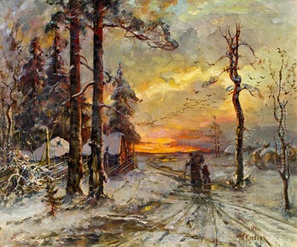 Sonnenuntergang In Winterlandschaft Oil Painting by Yuliy Yulevich (Julius) Klever