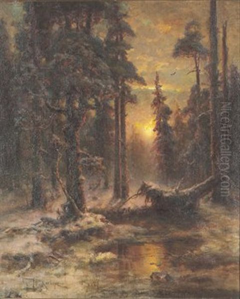 Skogslandskap I Solnedgang Oil Painting by Yuliy Yulevich (Julius) Klever