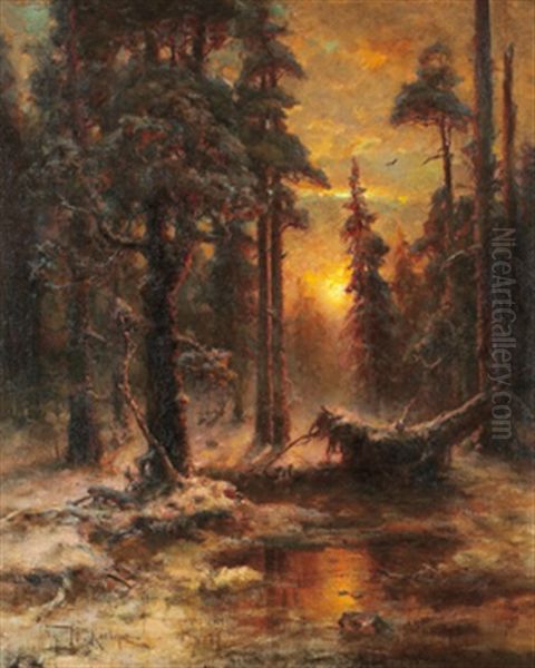 Skogslandskap I Solnedgang Oil Painting by Yuliy Yulevich (Julius) Klever