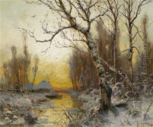 Winterliche Flusslandschaft Im Abendrot Oil Painting by Yuliy Yulevich (Julius) Klever