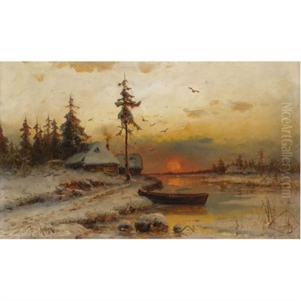 Winter Sunset (collab. W/studio) Oil Painting by Yuliy Yulevich (Julius) Klever