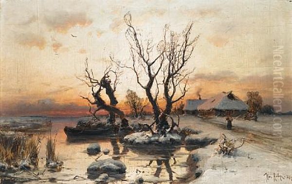 A Winter's Sunset Oil Painting by Yuliy Yulevich (Julius) Klever