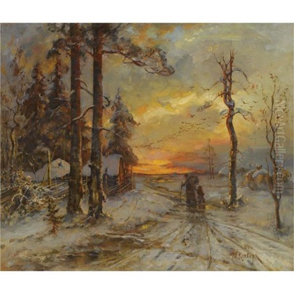 Winter Sunset Oil Painting by Yuliy Yulevich (Julius) Klever