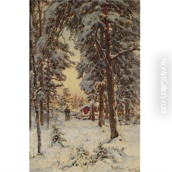 Wood Gatherer In A Wintry Forest Oil Painting by Yuliy Yulevich (Julius) Klever