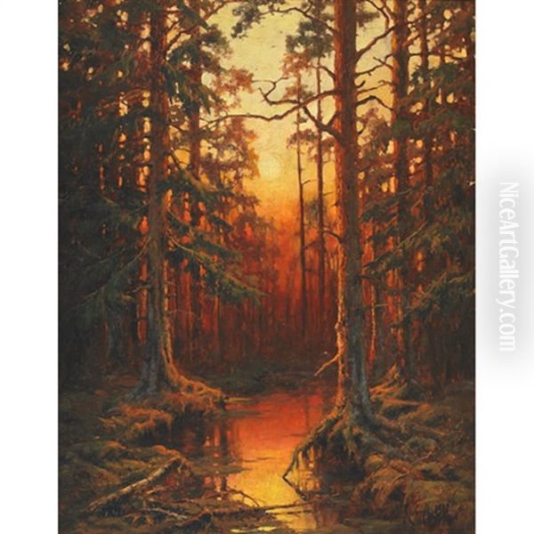 Forest At Sunset Oil Painting by Yuliy Yulevich (Julius) Klever