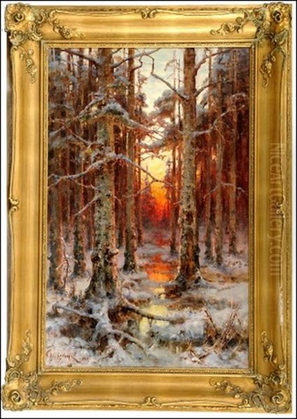 Sunset In A Winter Landscape Oil Painting by Yuliy Yulevich (Julius) Klever