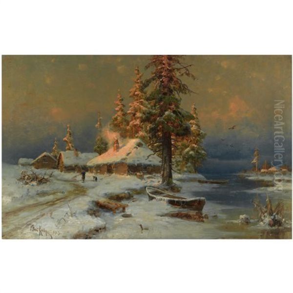 Early Evening In Winter Oil Painting by Yuliy Yulevich (Julius) Klever