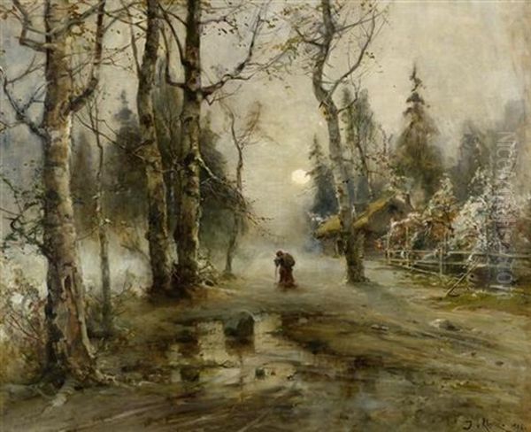 Waldlandschaft Mit Reisigsammlerin Oil Painting by Yuliy Yulevich (Julius) Klever