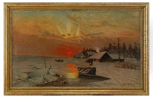 Winter Landscape With Fishermen At Sunset Oil Painting by Yuliy Yulevich (Julius) Klever