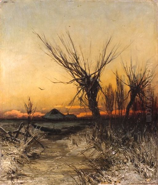 Untergehende Sonne In Winterlandschaft Oil Painting by Yuliy Yulevich (Julius) Klever