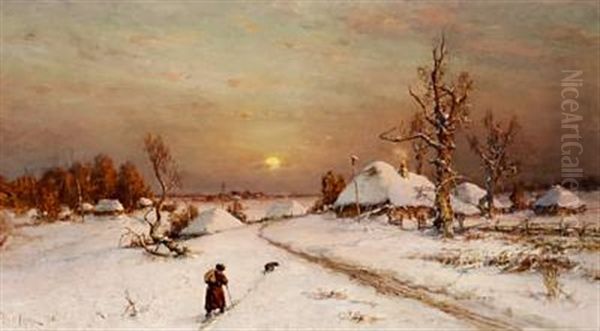 A Winter Landscape At Sunset Oil Painting by Yuliy Yulevich (Julius) Klever