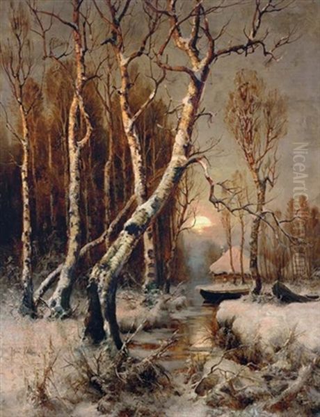 Winter Sunset Oil Painting by Yuliy Yulevich (Julius) Klever