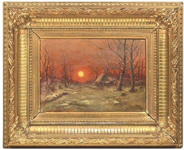 Winterlicher Waldweg Mit Einem Forsterhaus Bei Sonnenuntergang Oil Painting by Yuliy Yulevich (Julius) Klever