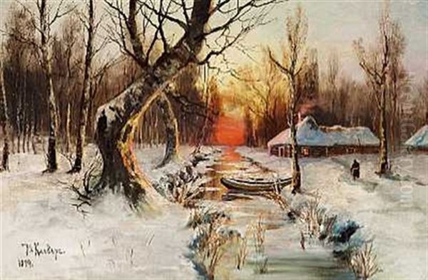 A Man On His Way Home To His Snow-clad House By A Stream In The Sunset. A Dinghy Is Moored To A Tree Oil Painting by Yuliy Yulevich (Julius) Klever