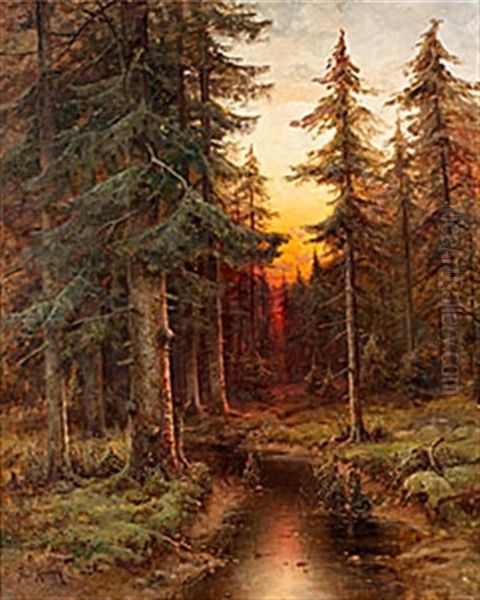 Solnedgang I Granskog Oil Painting by Yuliy Yulevich (Julius) Klever