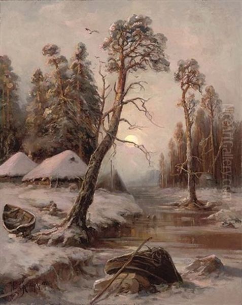 Winter Landscape With Lake Oil Painting by Yuliy Yulevich (Julius) Klever