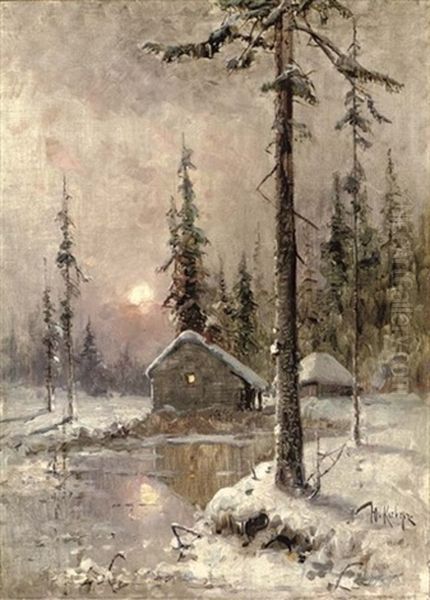 A Winter Scene With Snow-capped Cottages Oil Painting by Yuliy Yulevich (Julius) Klever