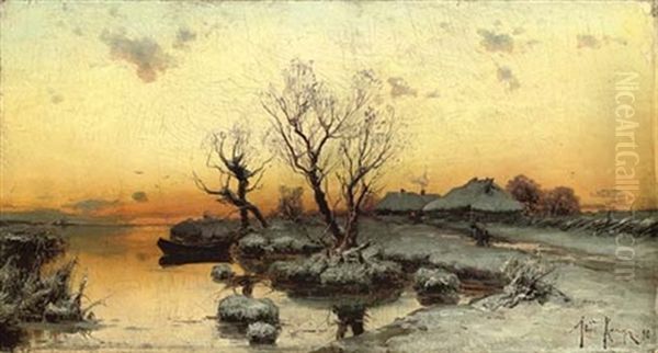 Russian Lakeside In Winter Oil Painting by Yuliy Yulevich (Julius) Klever