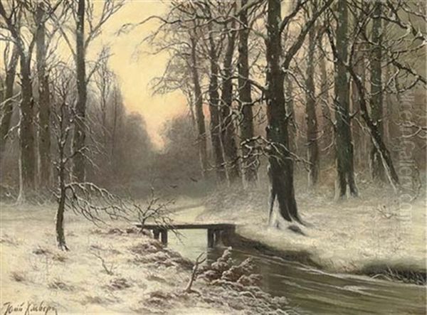 A Winter Woodland Bridge At Dusk Oil Painting by Yuliy Yulevich (Julius) Klever