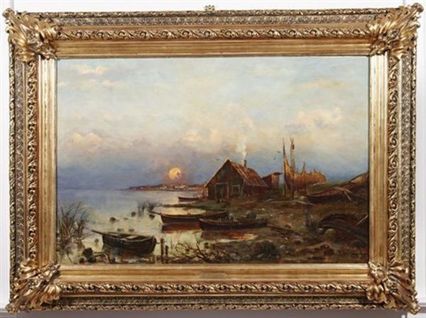 Sunset With Houses And Rowboats Oil Painting by Yuliy Yulevich (Julius) Klever