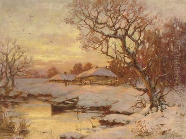 River Landscape At Sunset Oil Painting by Yuliy Yulevich (Julius) Klever