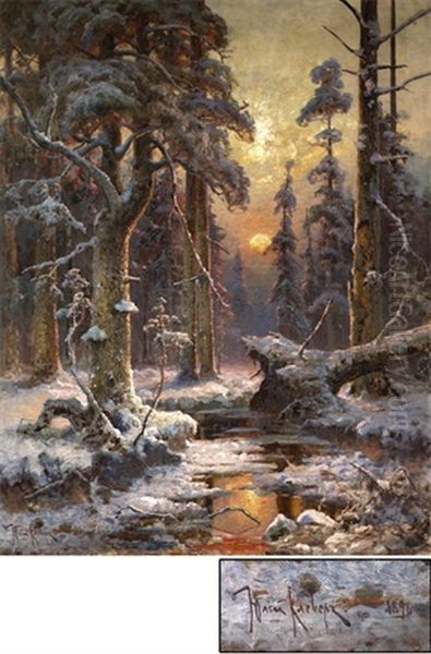 Winterliches Waldinneres Bei Sonnenuntergang Oil Painting by Yuliy Yulevich (Julius) Klever