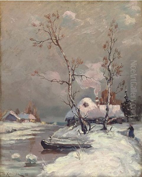 Riverside Cottages In The Snow (in Collab. W/studio) Oil Painting by Yuliy Yulevich (Julius) Klever