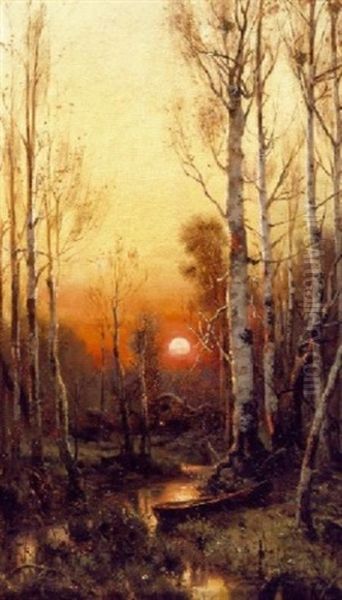 Winter Sunset Over A Stream In The Woods Oil Painting by Yuliy Yulevich (Julius) Klever