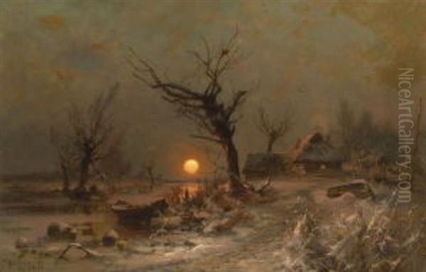 Untergehende Sonne In Winterlicher Flusslandschaft Oil Painting by Yuliy Yulevich (Julius) Klever