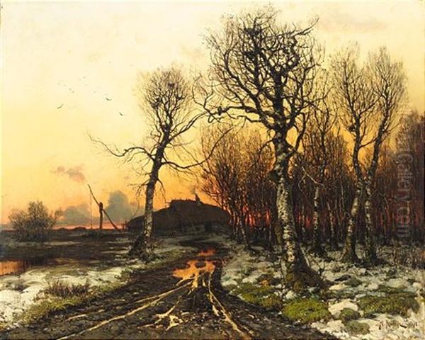 Winter Sunset Oil Painting by Yuliy Yulevich (Julius) Klever