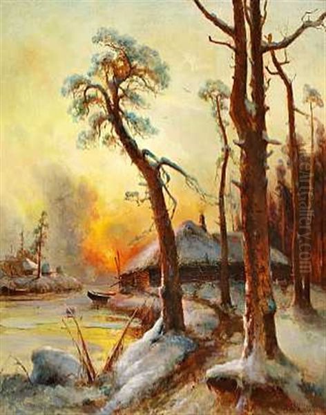 Vinterlandskab Med Hytte Ved Et Flodlob Ved Solnedgangstide Oil Painting by Yuliy Yulevich (Julius) Klever