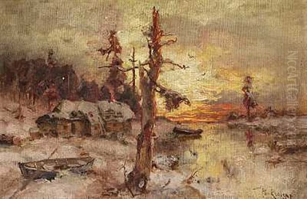 Vinterparti Med Solnedgang Og Joller Ved Et Hus (or His Workshop) Oil Painting by Yuliy Yulevich (Julius) Klever