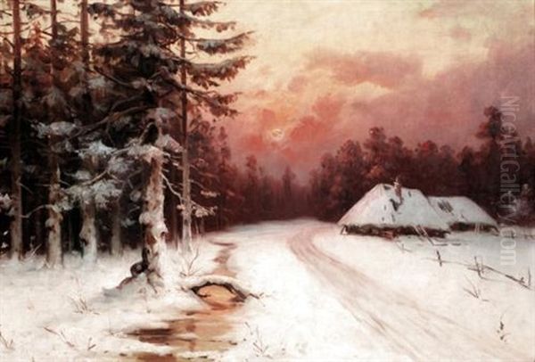 Winter Sunset Oil Painting by Yuliy Yulevich (Julius) Klever