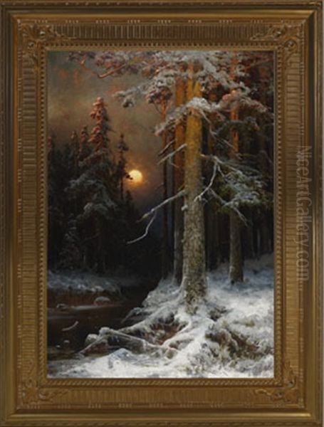 A Moonlit Forest, Winter Oil Painting by Yuliy Yulevich (Julius) Klever