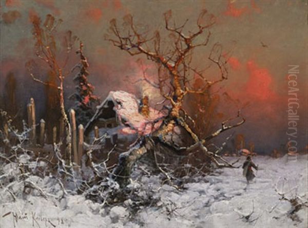 Figure In A Winter Landscape At Sunset Oil Painting by Yuliy Yulevich (Julius) Klever