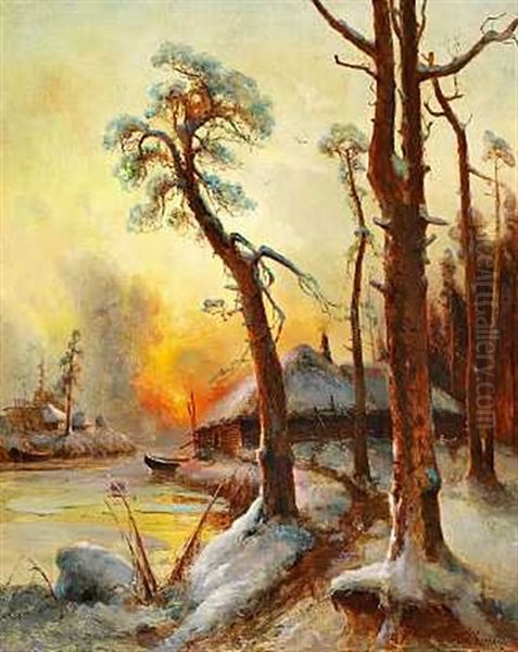 Vinterlandskab Med Hytte Ved Et Flodlob Ved Solnedgangstide Oil Painting by Yuliy Yulevich (Julius) Klever