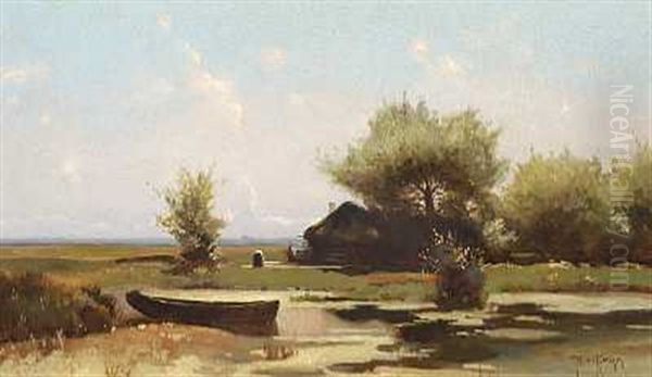 Russisk Landskab Med En Kvinde Ved Et Hus Og En Jolle I En So Oil Painting by Yuliy Yulevich (Julius) Klever